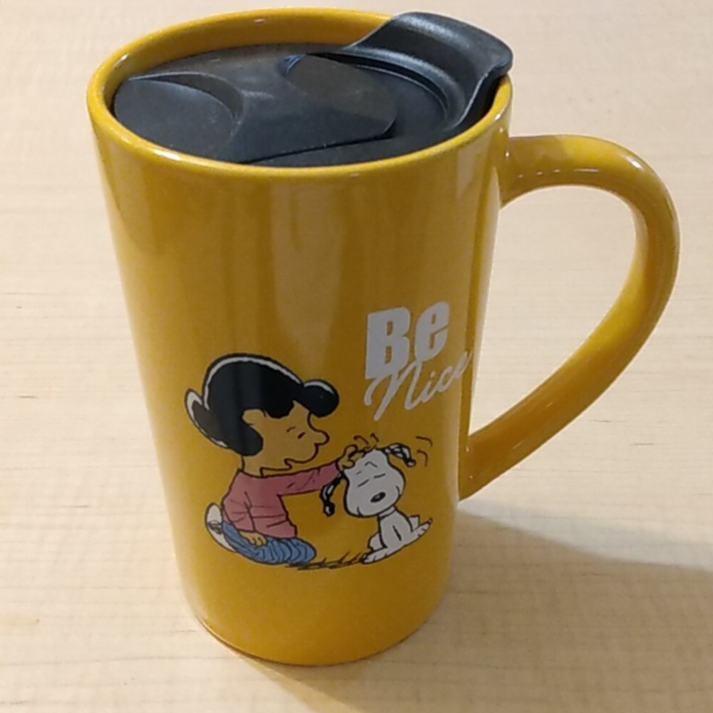 🆕 Peanuts Snoopy Lucy "Be Nice" Ceramic Travel Mug Cup